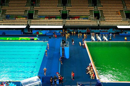 Cor da água ficou esverdeada e atletas reclamaram também de cloro / Foto: Adam Pretty / Getty Images Cor da água ficou esverdeada e atletas reclamaram também de cloro / Foto: Adam Pretty / Getty Images