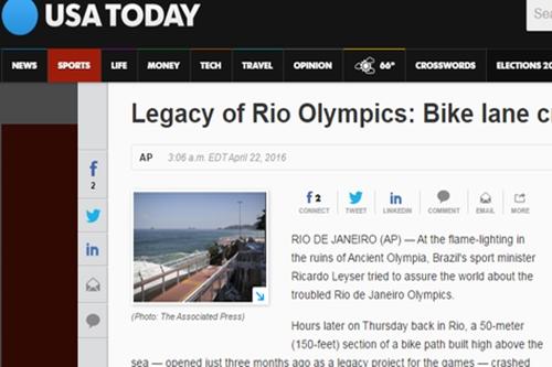 USA Today ironiza tragédia: "legado das Olimpíadas do Rio" / Foto: Reprodução USA Today ironiza tragédia: "legado das Olimpíadas do Rio" / Foto: Reprodução