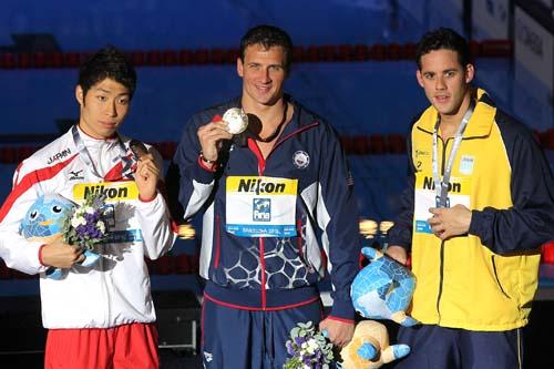 Hagino (prata), Lochte (ouro) e Thiago (bronze) dos 200m medley / Foto:  Satiro Sodre/SSPress