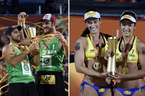 Campeões do Circuito Mundial 2015: Bruno e Alison, e Ágatha e Bárbara / Foto: CBV / Divulgação