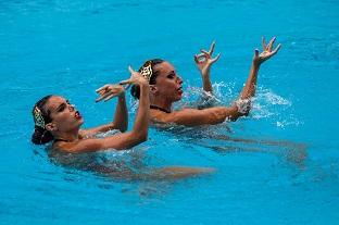 Dueto da Espanha no evento-teste de nado sincronizado, no Parque Aquático Maria Lenk / Foto: Gabriel Heusi/Brasil2016.gov.br